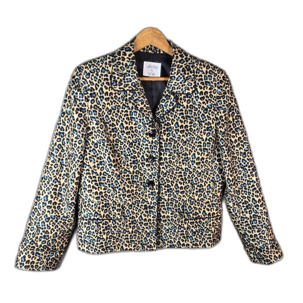 Collections for Le Suit Womens Blazer 14 Blue Yellow Leopard Print Lined Jacket
